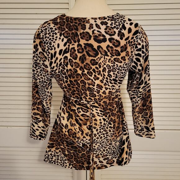Ambrielle Small Y2K Leopard Print Lace Trim Deep V-Neck Tie Waist Top - Picture 2 of 6
